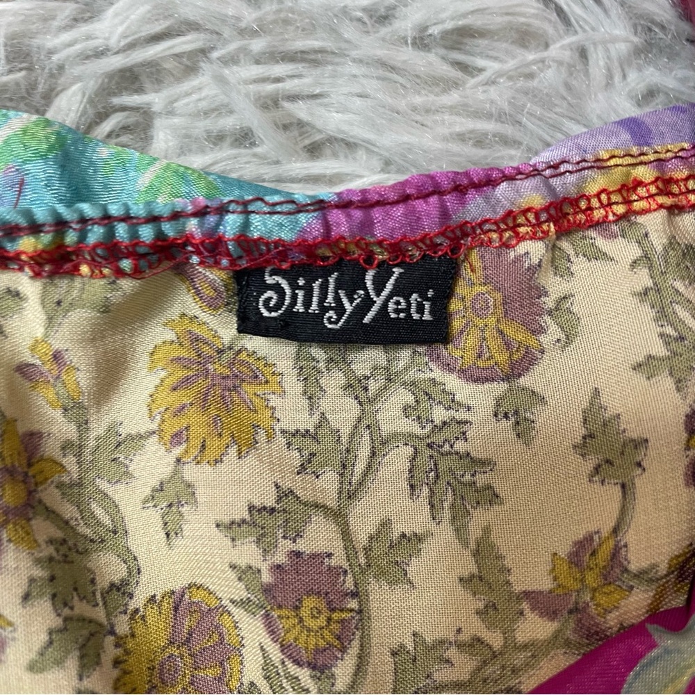 Silly Yeti Silk Boho Multicolor Mixed Print Ruffle Tiered Mini Dress One Shoulde - Picture 3 of 4